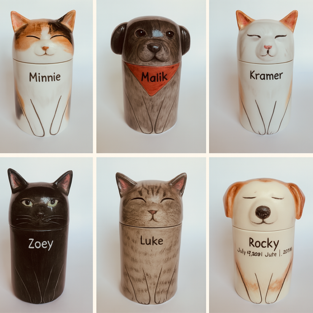 Personalized Ceramic Cat Urn โ Custom Pet Ashes Memorial with Engraved Name & Photo