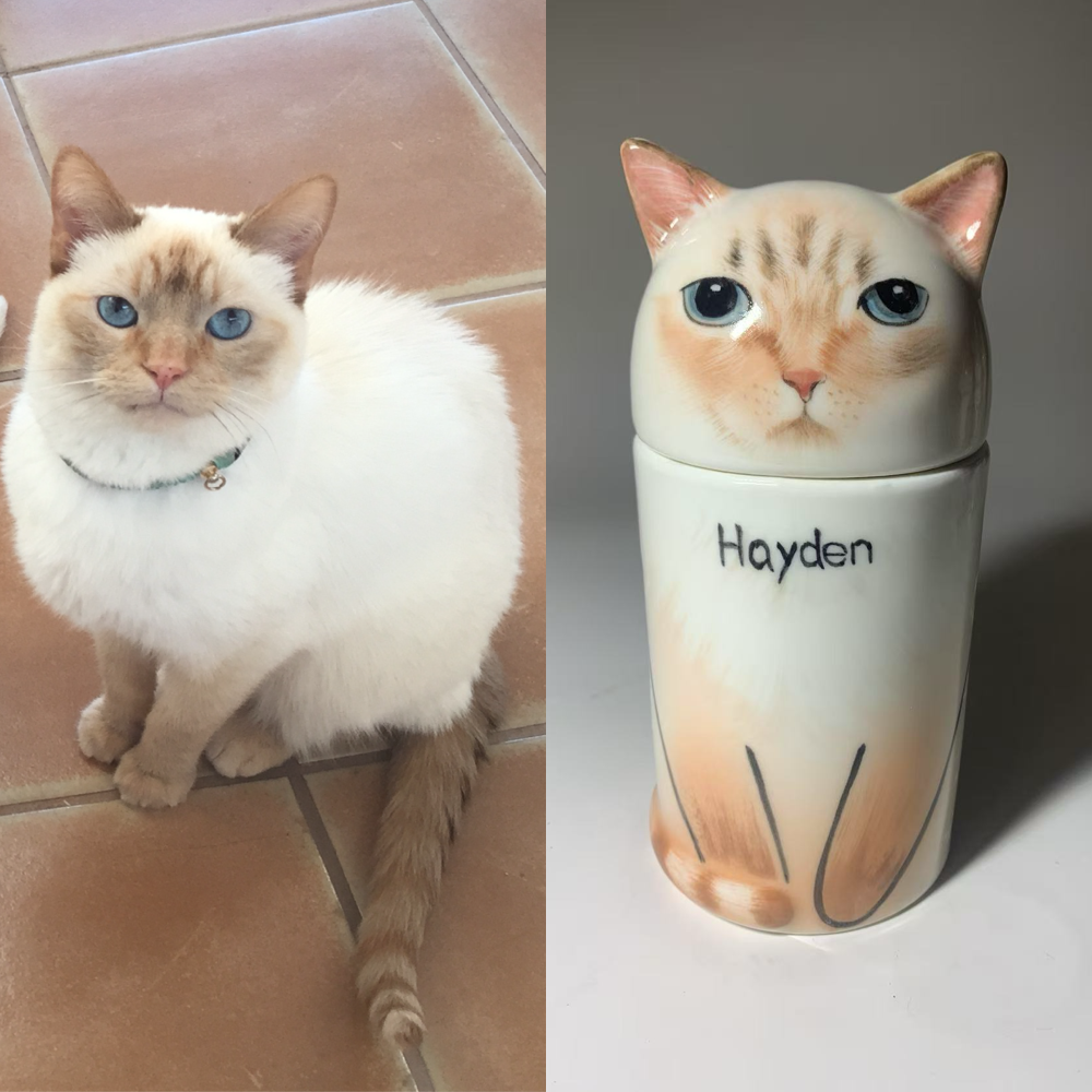 Personalized Ceramic Cat Urn โ Custom Pet Ashes Memorial with Engraved Name & Photo