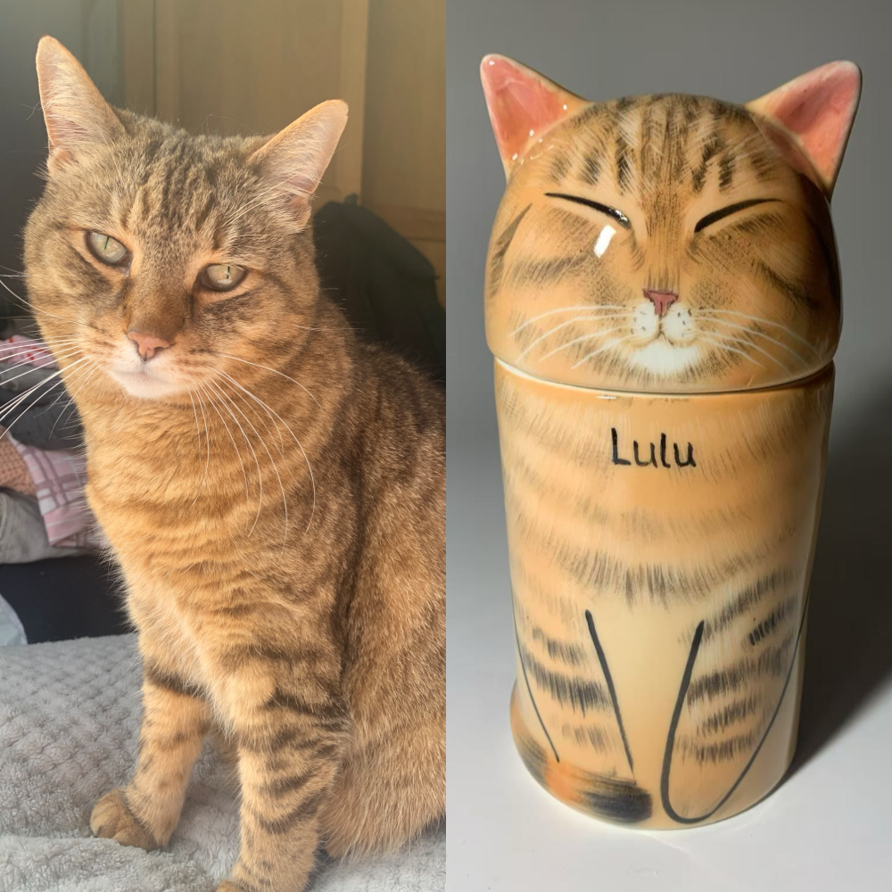 Personalized Ceramic Cat Urn โ Custom Pet Ashes Memorial with Engraved Name & Photo