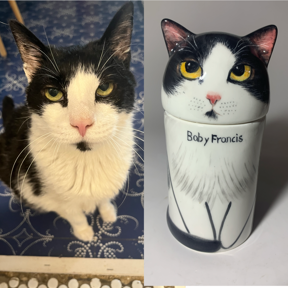 Personalized Ceramic Cat Urn โ Custom Pet Ashes Memorial with Engraved Name & Photo