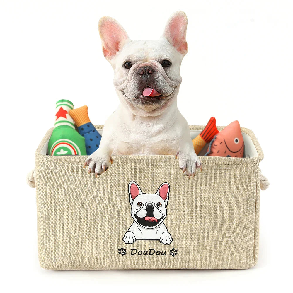 Personalisierter Hundespielzeugkorb, kostenloser Druck, Hunde-/Katzenbild, Name, Haustier-Aufbewahrungsbox