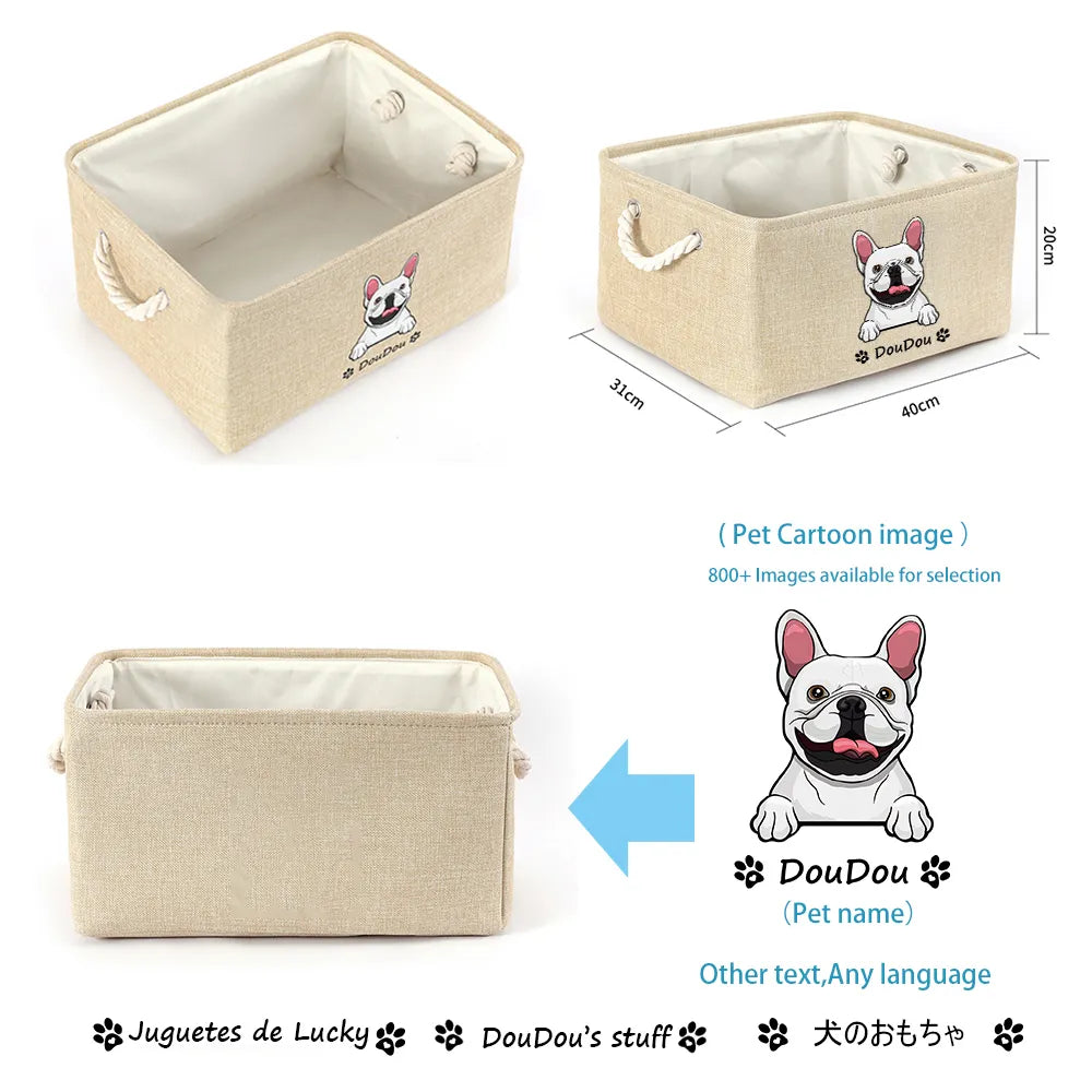 Personalisierter Hundespielzeugkorb, kostenloser Druck, Hunde-/Katzenbild, Name, Haustier-Aufbewahrungsbox