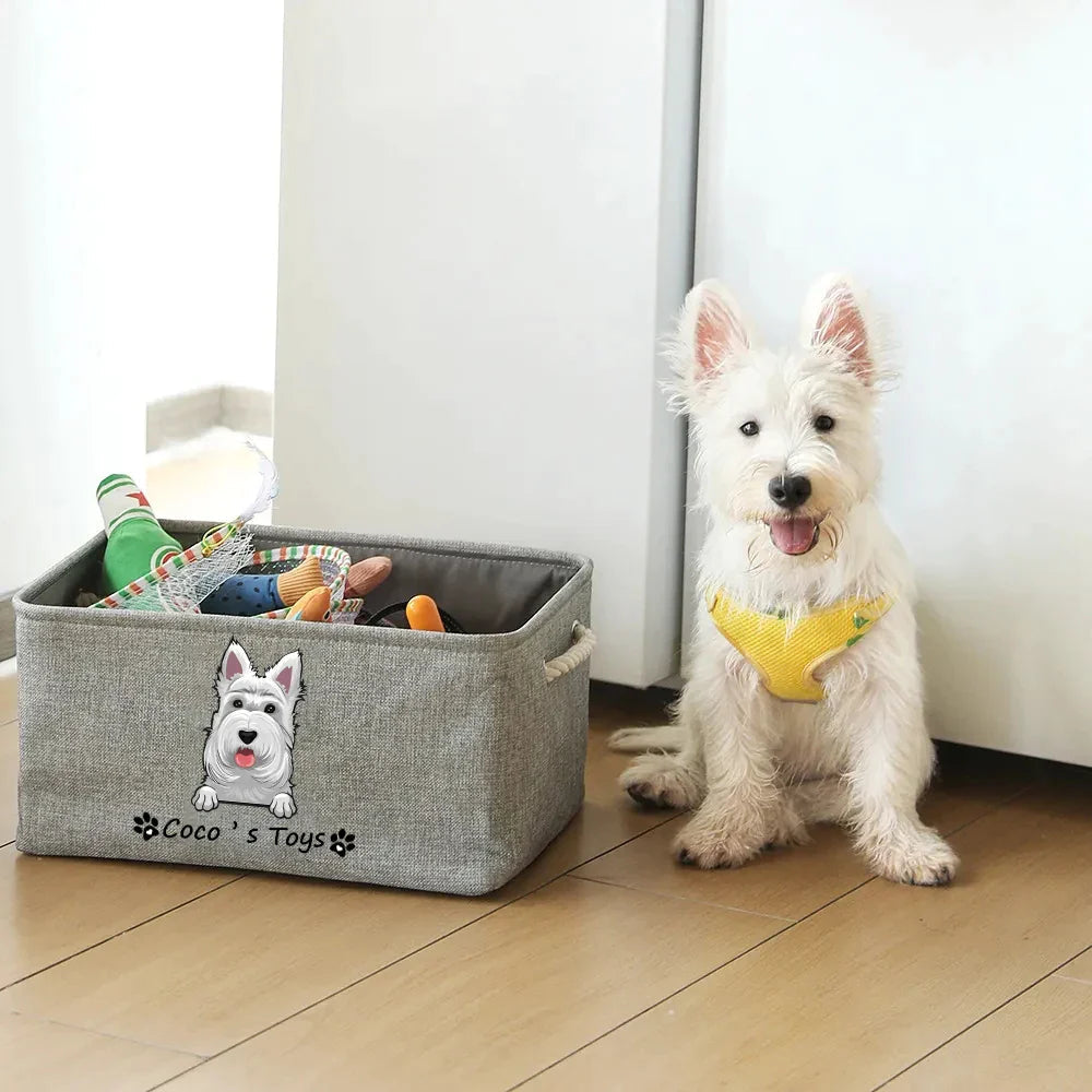 Personalisierter Hundespielzeugkorb, kostenloser Druck, Hunde-/Katzenbild, Name, Haustier-Aufbewahrungsbox
