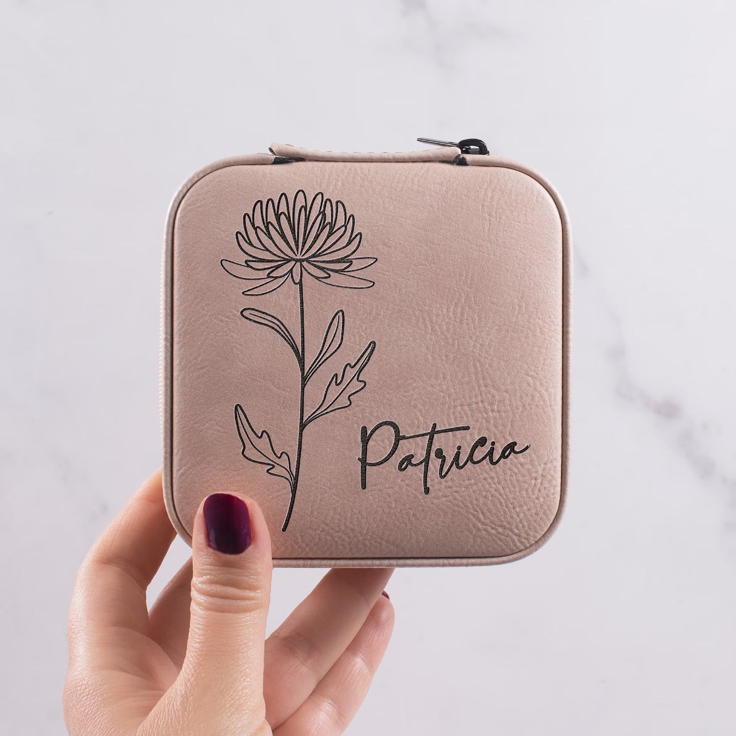 Personalisierte Reise-Schmuckschatulle mit Geburtsblume und Monat