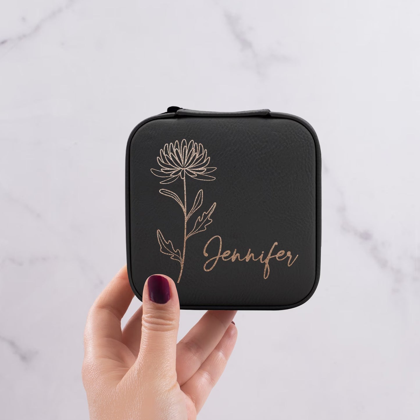 Personalisierte Reise-Schmuckschatulle mit Geburtsblume und Monat