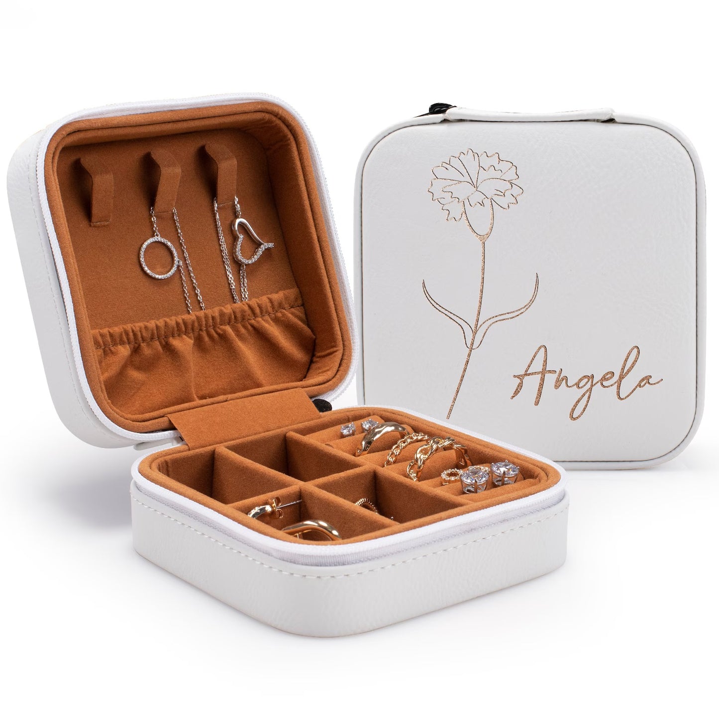 Personalisierte Reise-Schmuckschatulle mit Geburtsblume und Monat