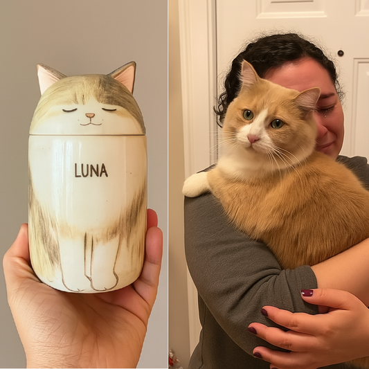 Personalized Ceramic Cat Urn – Custom Pet Ashes Memorial with Engraved Name & Photo