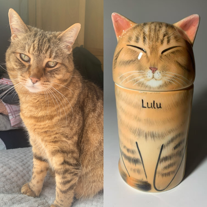 Personalized Ceramic Cat Urn – Custom Pet Ashes Memorial with Engraved Name & Photo