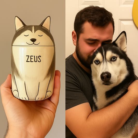 Personalized Ceramic Dog Urn – Custom Pet Ashes Memorial with Engraved Name & Photo
