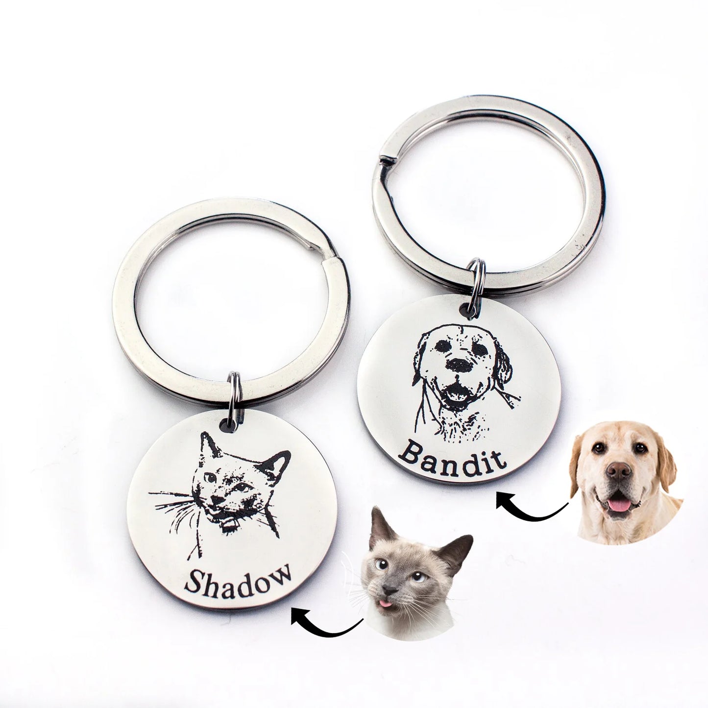 Personalized Pet Portrait Keychain – Custom Engraved Stainless Steel Keyring