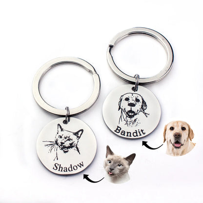 Personalized Pet Portrait Keychain – Custom Engraved Stainless Steel Keyring