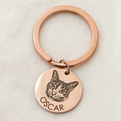 Personalized Pet Portrait Keychain – Custom Engraved Stainless Steel Keyring